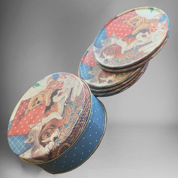 Vintage Puppy & Kitten Coaster Tin Cork 6 Coasters Cottage Animal Dog Cat Polka - Picture 3 of 9